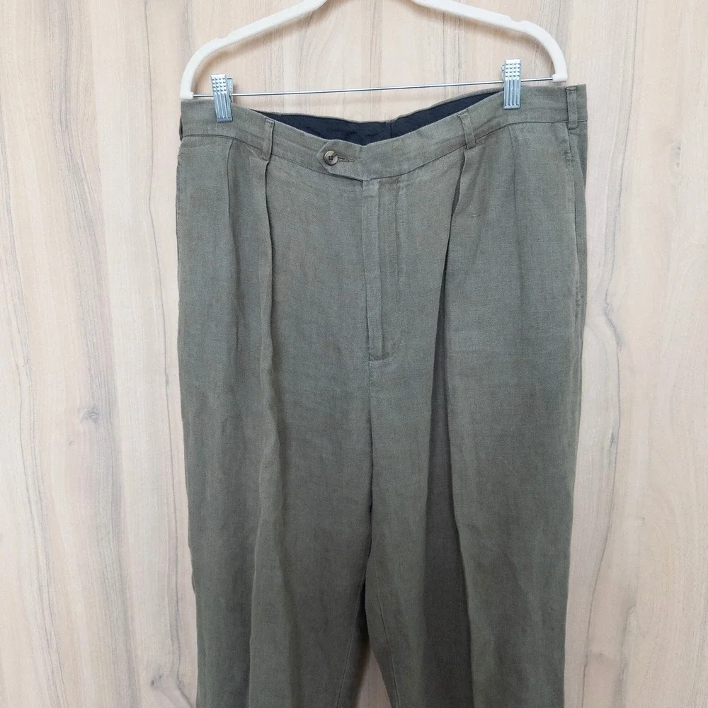 Harold's Mens Linen Pleated Pants 36 Olive Green Straight Leg Trousers Old Money